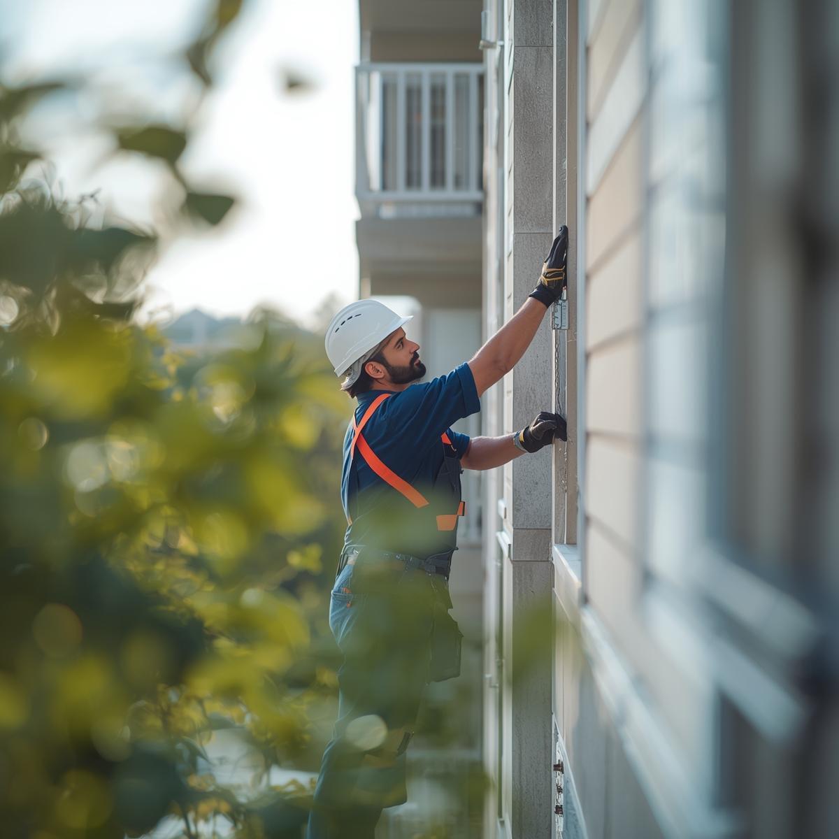 Maintenance person doing repair work on an apartment complex. Please make it look real and life like. Use a bokah effect to hide elements you are unsure of.